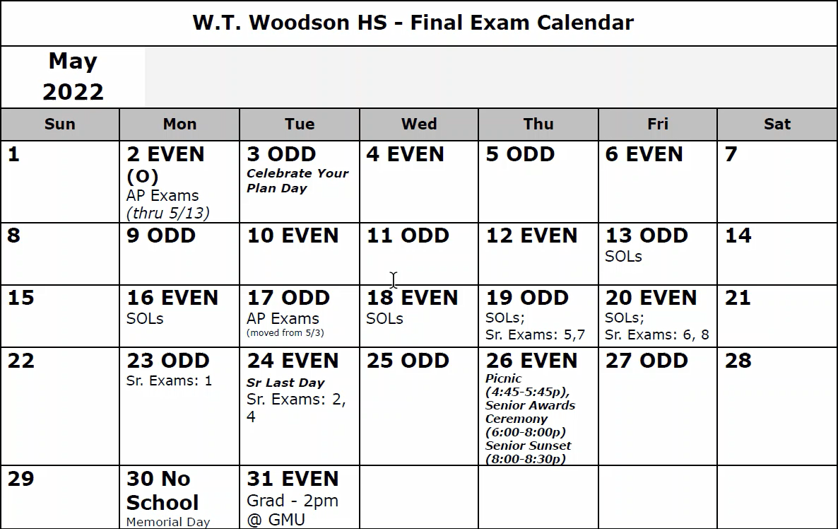 May Final Exam Dates