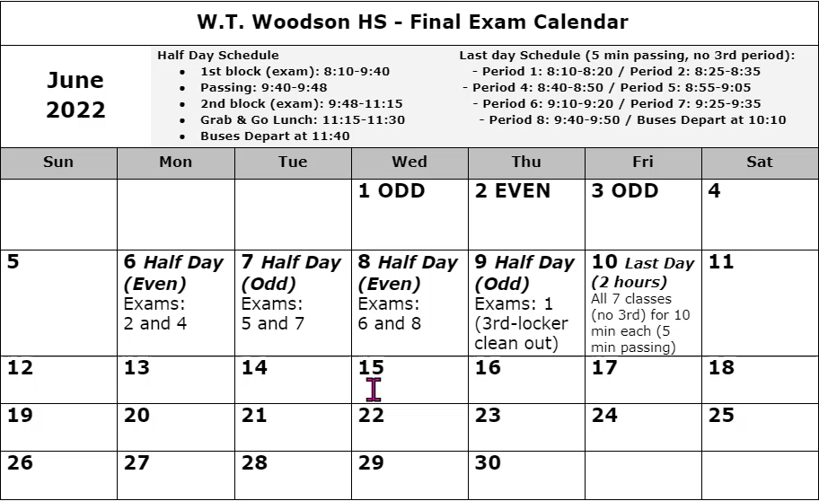FInal Exam Calendar June